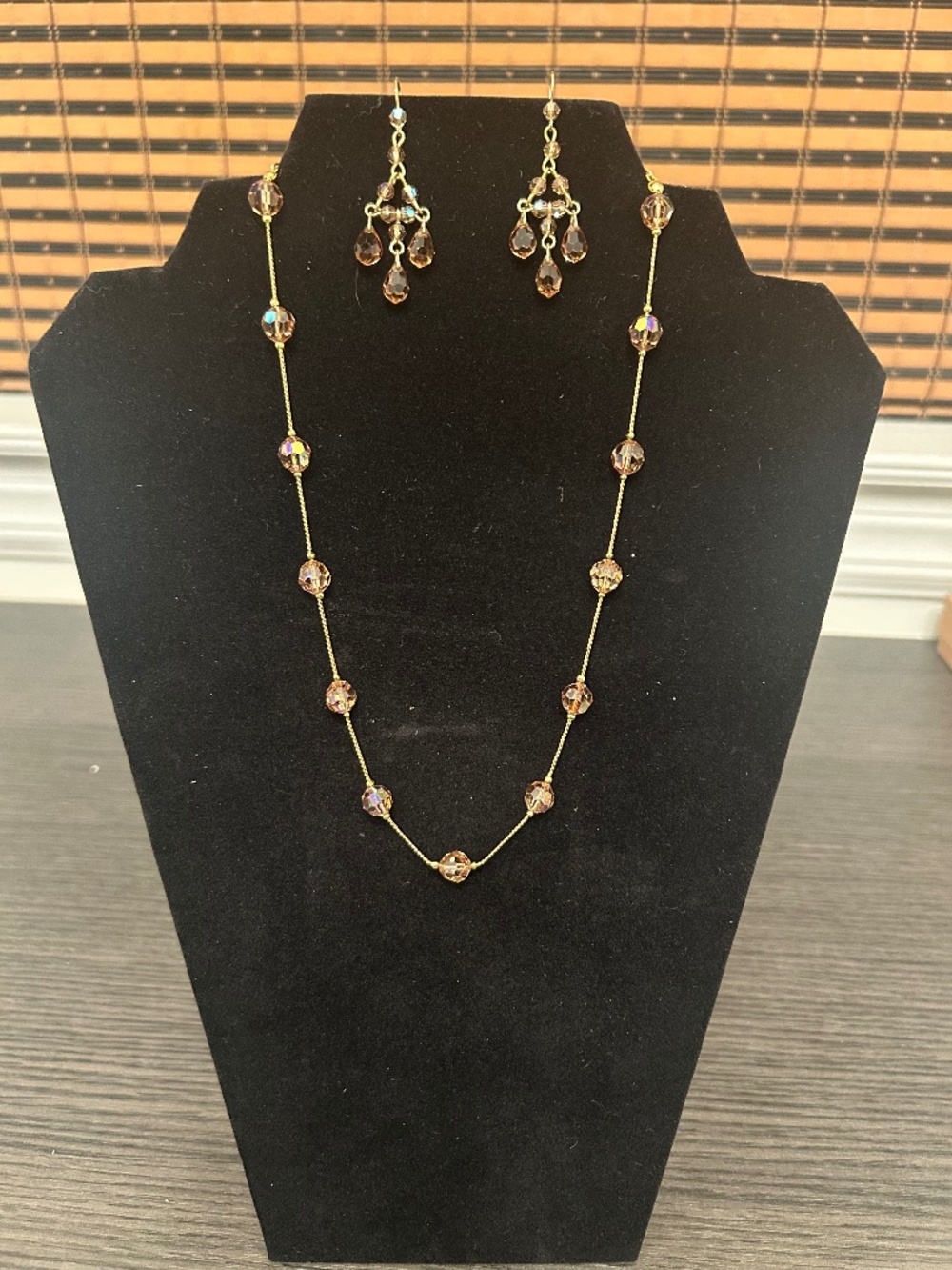 Sorelli Gold + Amber Colored Crystal Station Beads Necklace + Earrings